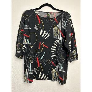 Pure Essence Urbanology Top Size S/P Black White Abstract V Neck‎ 3/4 Sleeve Art